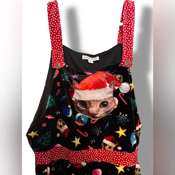 Ugly Christmas Cat Jumper Overall Bibs One Piece Pants Sz XL Festive Holiday - Picture 5 of 6